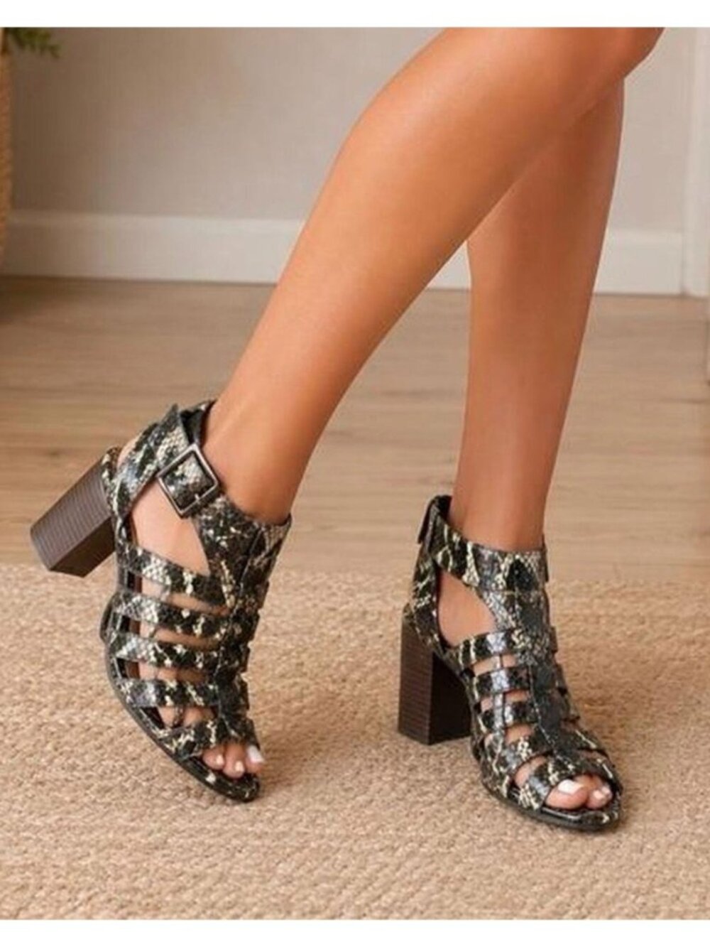 Vionic Sami Caged Block Heel Sandals Snake Print Leather Size 6.5 [jb]